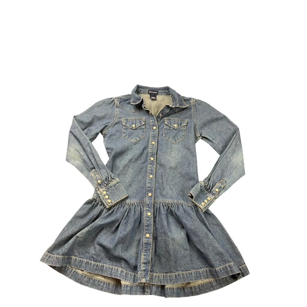 Ralph Lauren Girls Denim Snap Front Shirt Dress Blue Size 10 Western Cotton